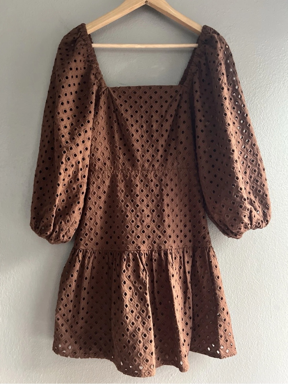 Express Brown Eyelet Puff-Sleeve Mini Dress